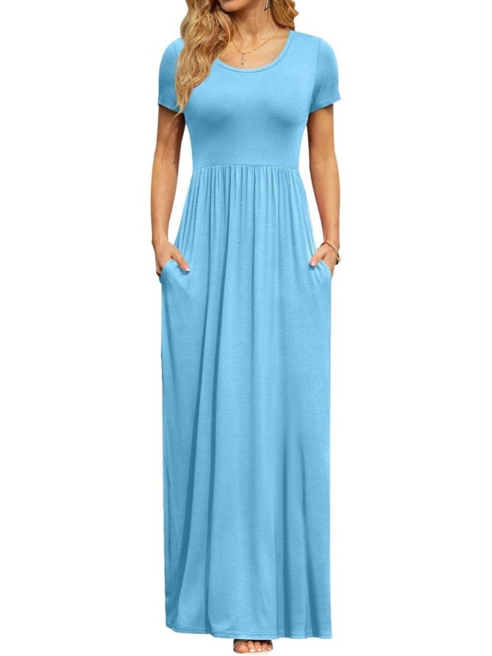 〽️Women's Light Blue Maxi Dress Short Sleeve Empire Waist Pockets Casual Long